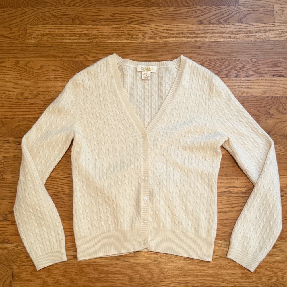Peck & Peck Pure Cashmere Cable Knit Cardigan Cream Ivory V-Neck Sweater Medium